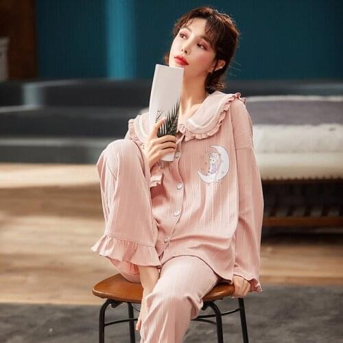 Winter Warm Cotton Women Pajamas Set Kawaii Pink Cardigan Pajamas Cute Printed Princess Nightwear Casual Sleepwear