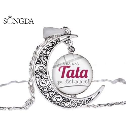 2019 Fashion Super TATA Necklace French Letter Art Print Glasss Dome Hollow Moon Pendant Jewelry Gift for Aunty Teachers