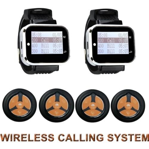 Wireless Calling Paging System 2 Wristwatch Receiver + 4 Super Thin 4 Keys Buttons Transmitter For Cafe Restaurant