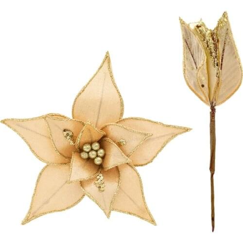 Glitter Fake Flowers Merry Christmas Tree Decorations Xmas Ornaments High-end Yarn Retracted Retro Golden Simulation Plant