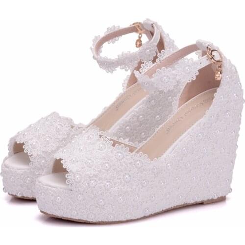 Crystal Queen Women Sandals Elegant Wedges High Heels Platform Wedding Lace Flower Shoes Bride Dress Shoes 11cm Open Toe Heels