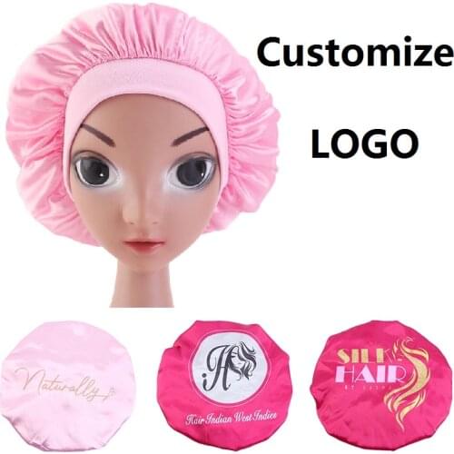 Customize Logo kids Satin Bonnet Wide Band Elastic Headwear Bonnet Beanie Nightcap Sleeping Hat Head Wrap Hair Care Cover