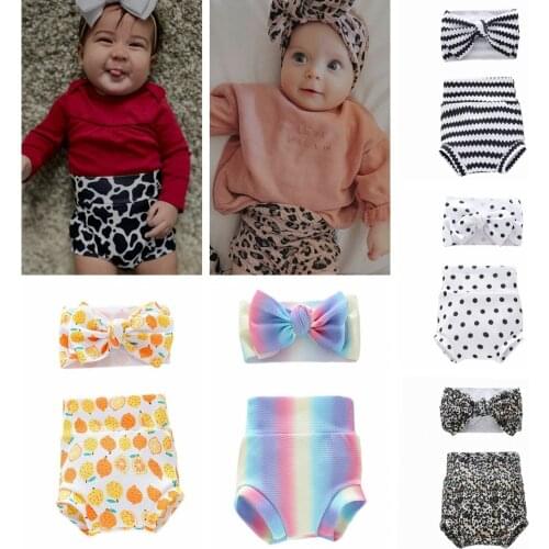 Toddler Lovely Rainbow Pattern Bowknot Hairband and Bread Pants Set Fashion Wave Stripe Bows Elastic Headband Print Headwear
