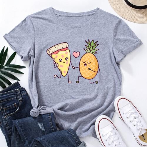 Funny Pineapple Pizza Love Heart Beach Graphic Tee Tops Women Short Sleeve Crewneck Summer Cotton T-Shirts Female Clothes Shirt