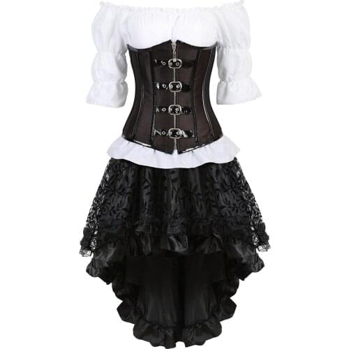 Corset 3 Piece Outfits for Women Steampunk Faux Leather Buckle Bustiers Top with Skirt White Blouse Set Carnival Dance Party