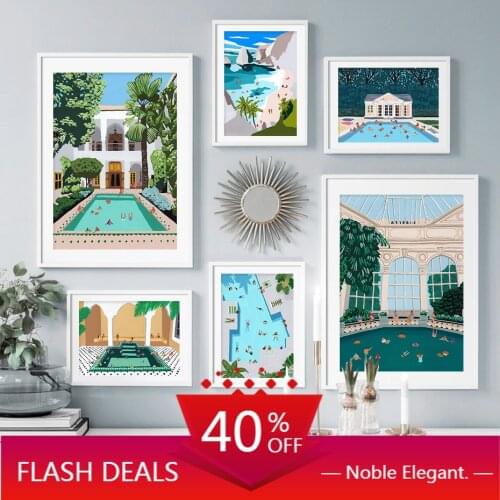 Cartoon Swimming Pool Summer Seaside Vacation Illustration Canvas Painting Wall Art Poster Prints Picture Living Room Home Decor