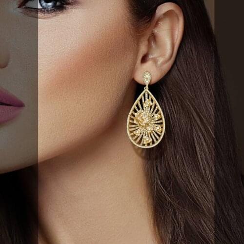 ModemAngel Luxury Water Drop Flower Full Mirco Paved Cubic Zirconia Naija American Wedding Earring Fashion Jewelry