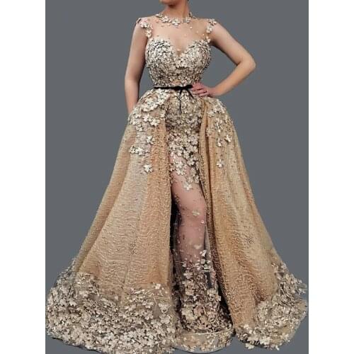 Champagne Muslim Evening Dresses Mermaid High Collar Tulle Lace Flowers Pearls Dubai Saudi Arabic Long Formal Evening Gown