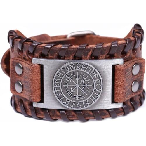 Vintage Nordic Rune Vegvisir Compass Amulet Bracelet Viking Genuine Leather Wide Braid Bangle for Mens Jewelry