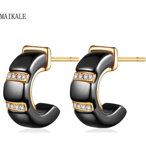 MAIKALE Charm Black White Ceramic Stud Earrings for Women Gold Cubic Zirconia Earings Zircon Small Korean Fashion Jewelry