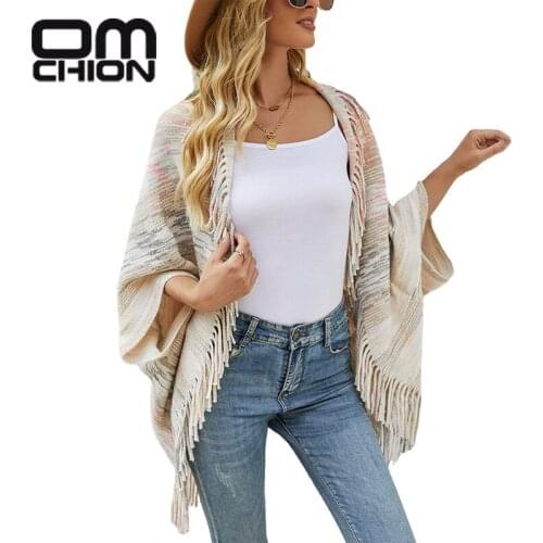 OMCHION Pull Femme 2021 Autumn Winter New Shawl Cloak Sweater Tassel Hem Intermediate Color Cardigan Women Bohemian Pullover