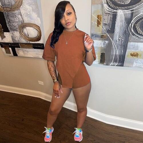 Hipster Sporty Women 2 Piece Short Set Summer Sweatsuit Solid Short Sleeve Irregular T-shirt+biker Short Casual Female Outfit