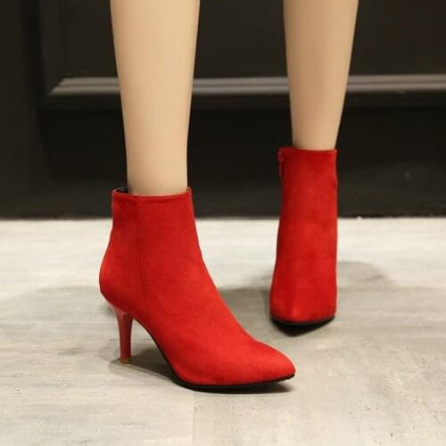 Big Size Ma'am Short boots Pure color Pointed Fashion boot barrel Suede high-heeled boots
