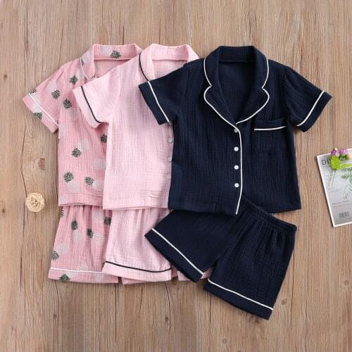 Children Kids Two-pieces Sleepwear Suit Short Sleeve Single Breasted Shirt Tops with Front Pocket+Elastic Short Pants Linen Sets