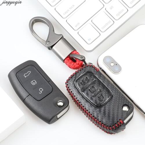 Jingyuqin 15ps Carbon Leather Car Key Cover Case Holder For Ford Focus 2 3 4 MK2 MK3 MK4 Kuga Edge Mondeo Fusion Ecosport Fiesta