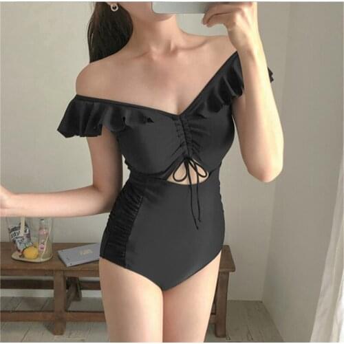 Korea Women One Piece Bikinis Classic Elegant Black And White Word Shoulder Hot Spring Swimsuit French Ladies Drawstring Bikinis
