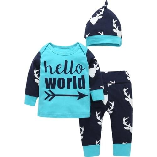 Baby boy girls clothing 3 pieces suit Hello world printed T-shirt + Deer printTrousers+ Hat boy Children Kids clothing sets