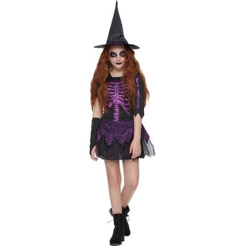 Childrens Day Skeleton Witch Costume Halloween Purple Scary Girl Cap+dress Suit Day of The Dead Vampire Cosplay Costume for Kid