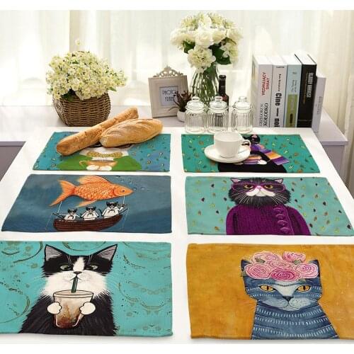 Cartoon Cute Cats Non-slip insulation Placemat coaster for table dinner Table Mats cotton linen Pads Home Decor 42*32cm DD219