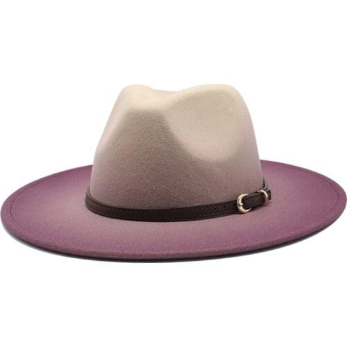 New winter Two-color gradient Wool Felt Fedora Hats with Thin Belt Buckle Men Women Large Brim Panama Trilby Jazz Cap