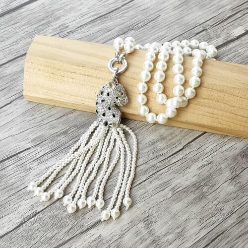 4Pcs swan /Leopard head charm Pendant CZ Micro pave Connector,Natural Shell Pearl Beads Chain tassels Women Jewelry Necklace NK