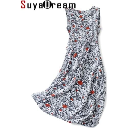SuyaDream Woman Printed Midi Dress 100%Silk Sleeveless Sashes Dresses 2021 Spring Summer Floral Dresses