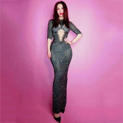 Full Black Rhinestones Slim Long Dress Big Stretch Suit Wear Female Dancing Bar Show Evening Birthday Party Stage Dresses DT537