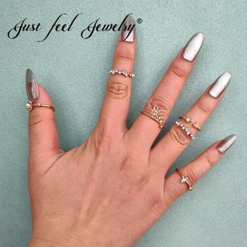 JUST FEEL 7Pcs/Set Simple Star Sun Crystal Rings For Women Fashion BOHO Gold Color Metal Rings Set Geometry Jewelry 2021 New