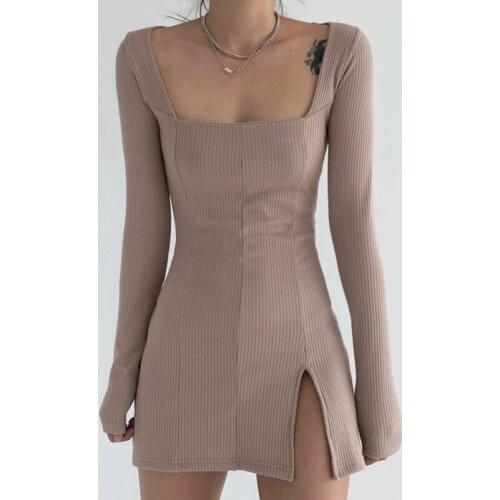 European High Split Kniting Dress Autumn Spring Womens Mini Short Dress Fashion Long Sleeve Slash Collar Pullover Knitted Dress