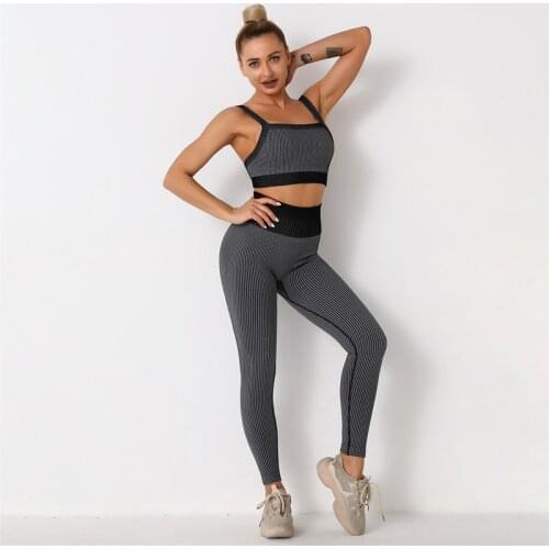 Women Yoga Suits Seamless Gym Tracksuits Striped Knitted Suits Wireless Running Bras And High Waist Workout Leggings 2Pcs Sets