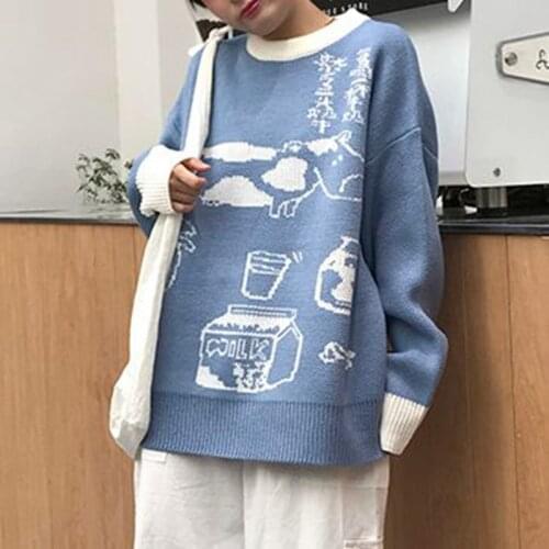 Oversize Knitted Sweater Winter WomenS Cute Cow Print Pattern O-Neck Loose Japanese Style College Style Casual WomenS Pullover