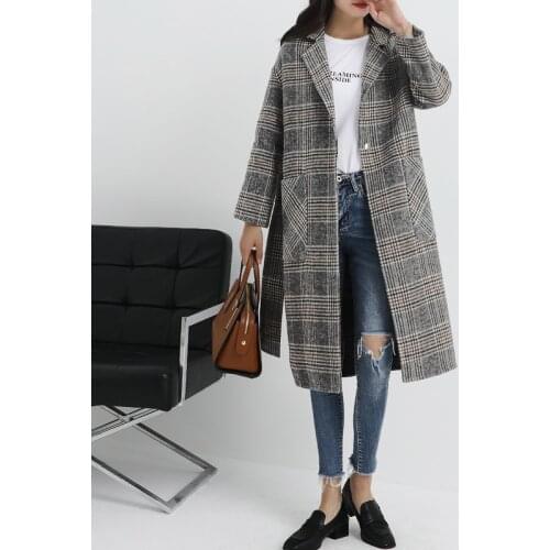 Long woolen blends cashmere coats for women 2019 autumn winter ladies jackets plus size overcoat double sided grey plaid