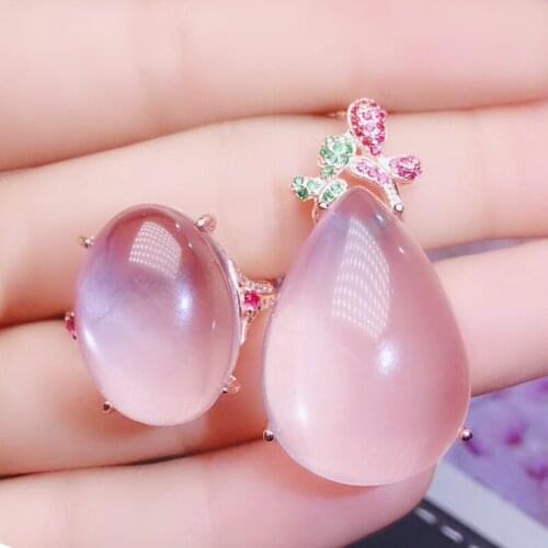 Per jewelry Natural real rose quartz butterfly drop big jewelry set 1pc 7.5ct ring 1pc 15ct pendant 925 sterling silver J204712