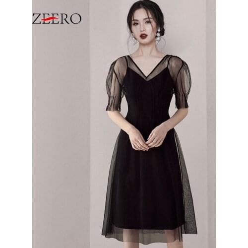 2020 Summer Women Pespective Puff Sleeve V Neck Sexy Mesh Midi Dresses Elegant Female Black Vintage Runway Party Dress Vestidos