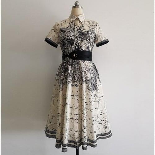2021 Spring Runways Womens Vintage Belt dress Fashion print elegant lapel dress B867