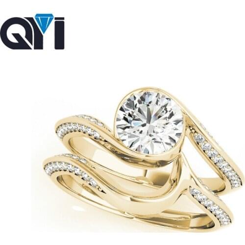 QYI 1ct Solitaire Solid 14K Yellow Gold Engagement Ring Sets Round Cut Simulated Diamond Bridal Pave Wedding Ring For Women