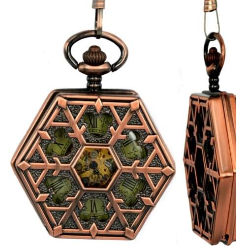 10pcs/lot Hollowed Hexagon Roman Numeral Dial Pocket Watch Antique Hand Winding Mechanical Pocket Watch Gift