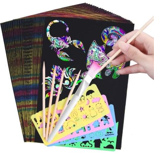 50pcs 18x 13cm Magic Color Rainbow Scratch Art Paper Card Set with Graffiti Stencil for Drawing Stick DIY Art Painting T