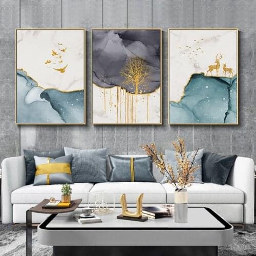 Abstract Golden Landscape Canvas Poster Wall Art Bird Elk Tree Print Modern Style Painting Nordic Home Decoration Picture