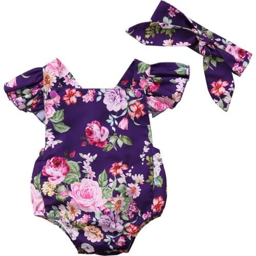 Summer Newborn Infant Baby Girls Floral Bodysuit +Headband 2pcs Jumpsuit Outfits Clothes Size 0-24M
