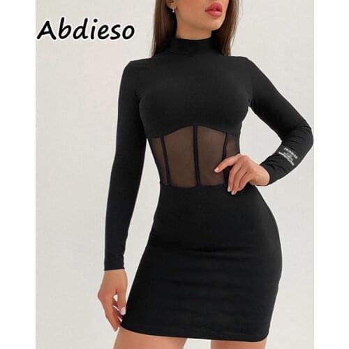 Abdieso Black Mesh Sexy Bodycon Dress Women Casual 2021 O Neck Long Sleeve Autumn Basic Wrap Mini Dress Party Clubwear Fashion