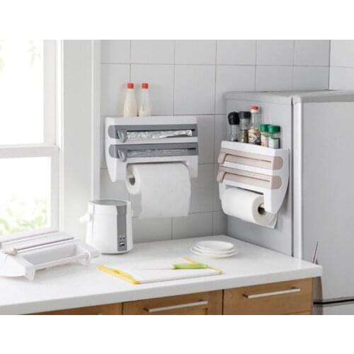 Wrapping Paper Cutter Cling Film Sauce Bottle Storage Rack Tin Foil Paper Towel Holder Kitchen Shelf Wrap Cutting Tools