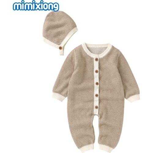 Autumn Baby Romper Cotton Knitted Newborn Toddler Jumpsuit Outfit Hat Long Sleeve Infant Boy Girl Clothing Set One Piece Overall