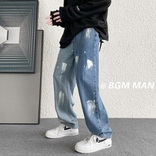High Quality Patchwork Jeans Spray Paint Cowboy Blue Mens Straight Loose Autumn Korean Fashion Male Baggy Pants Denim Trousers