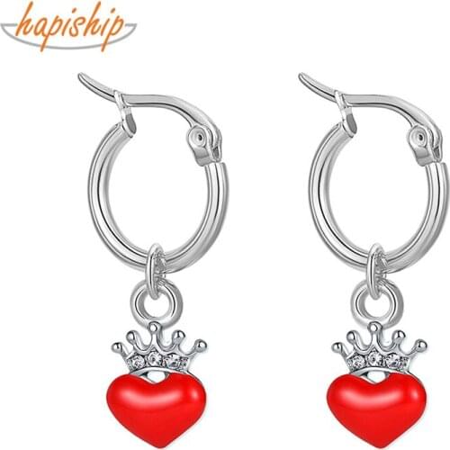 Hapiship 2021 New Fashion Stainless Steel Romantic Heart Cherry Cake Charm Hoop Earring For Women Men Everyday Jewelry DJ317