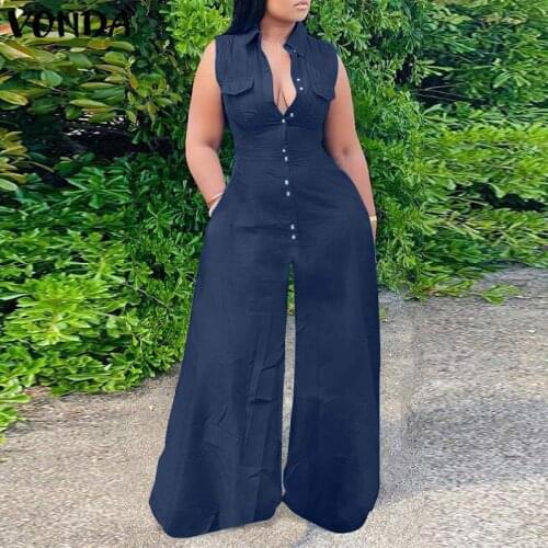 VONDA Womens Sleeveless Sexy Lapel Denim Party Jumpsuits 2021 Summer Button Wide Leg Playsuits Palazzo Loose Overalls Pantalon