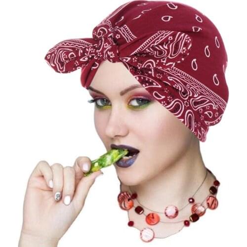 Cute Bow Turban Cap Women Floral Print Bonnet Hat Bowknot Bandana Cap Femme Fashion Geometric Beanie Headband Muslim Headwear