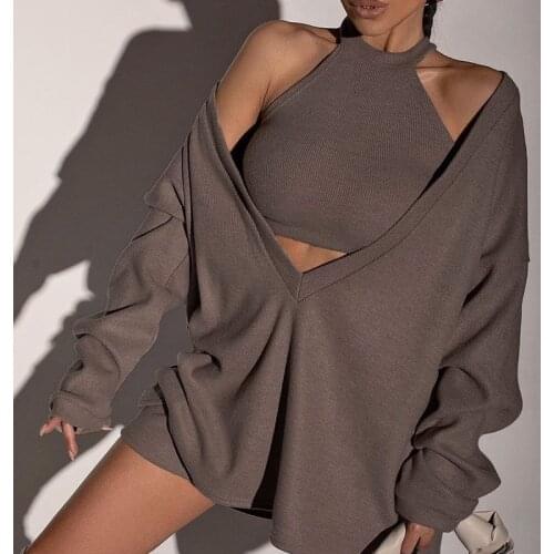 Fashionable V-neck Winter 2021 Womens Loose Long Pullover Sweatshirt and Knit Cropped Top Two Piece Set Casual Hoodie Fall