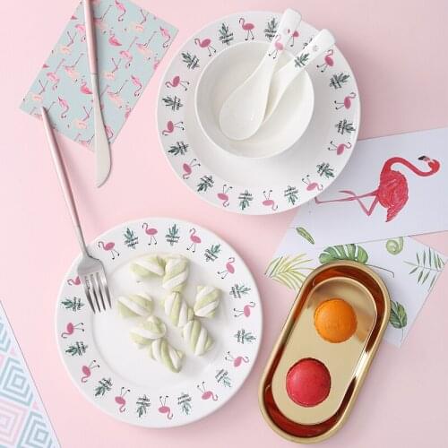 Tableware Set Dinner Plate Popular Ins Style Ceramic Bowl Hand-painted Flamingos Pattern Coffee Cup Spoon Dishes