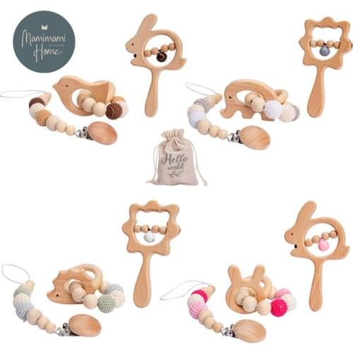 2021 New Baby Rattles Set Wooden Baby Teether Bracelet Pacifier Chain Rattles Musical Newborn Toys for 0-12Months Kids